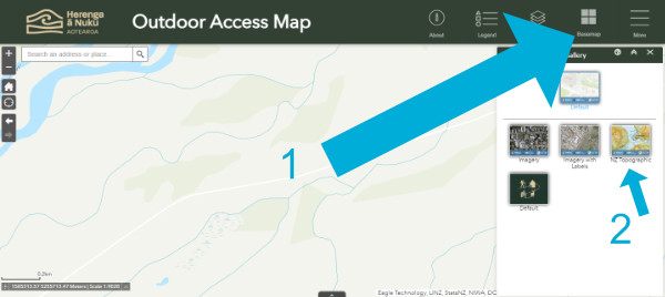 Screenshot of map indicating top basemap selector and topographic option